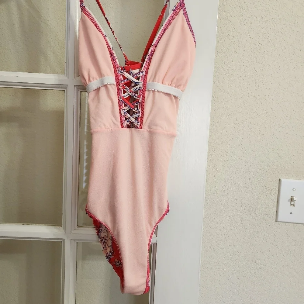 Indigo Rein Floral Lace Up Plunge One Piece Swimsuit Beach Vacation Summer